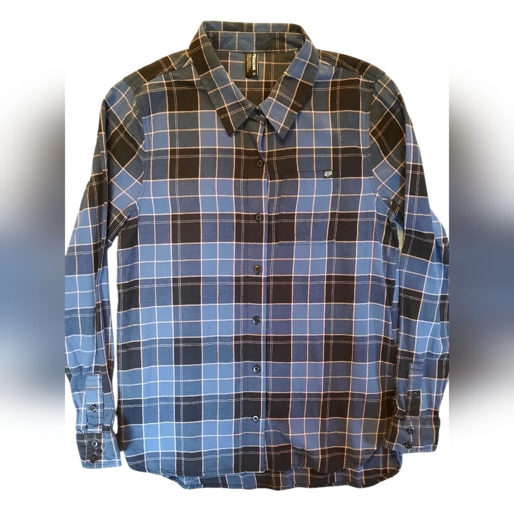 Fox Shirt Womans Small Blue and Black Checkered Flannel Button Down Outdoor